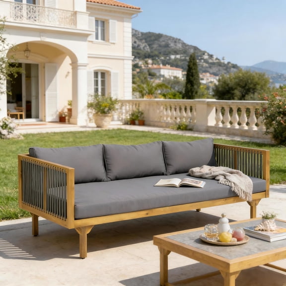 Christopher Knight Home 67.5" Outdoor Patio Acacia Wood Sofa with Gray Rope and Dark Gray Cushions