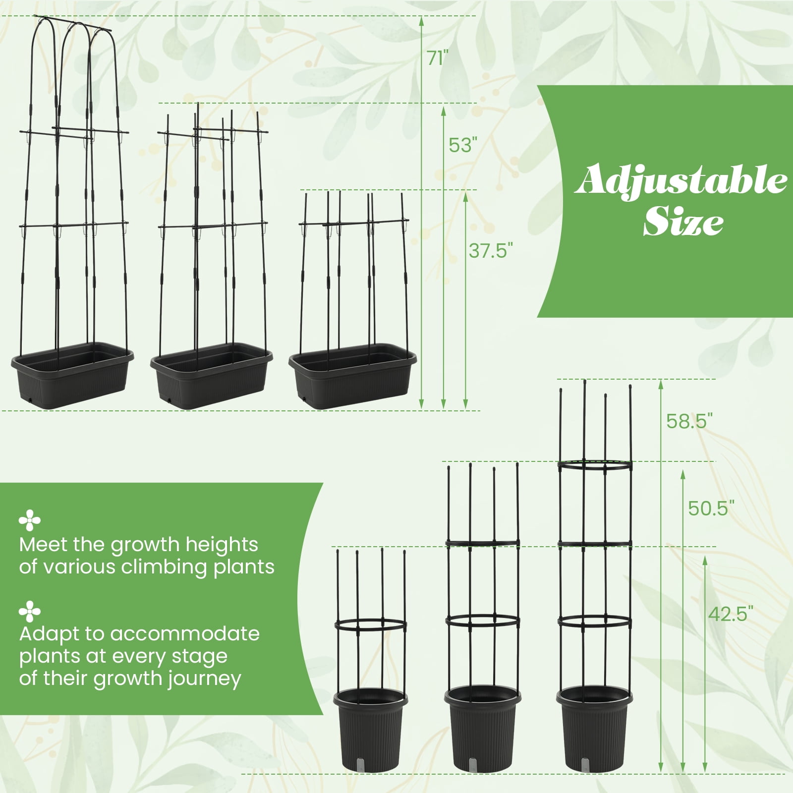 Patiojoy 2-Pack Garden Trellis, 58.5�� Tomato Cage & 71�� Cucumber Trellis w/ Planter Box Self-Priming Irrigation