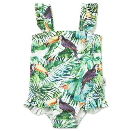 

Synpos Baby Girl Swimsuit Toddler Girl Leaf Print Ruffled Trim One Piece Swimwear