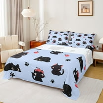 jejeloiu Kawaii Cat Kitten Twin Sheet Sets,Puppy Dogs Paws Print Twin Fitted Sheet,Blue Black Flat Sheet For Kids,Super Cozy Room Decor,3-Piece