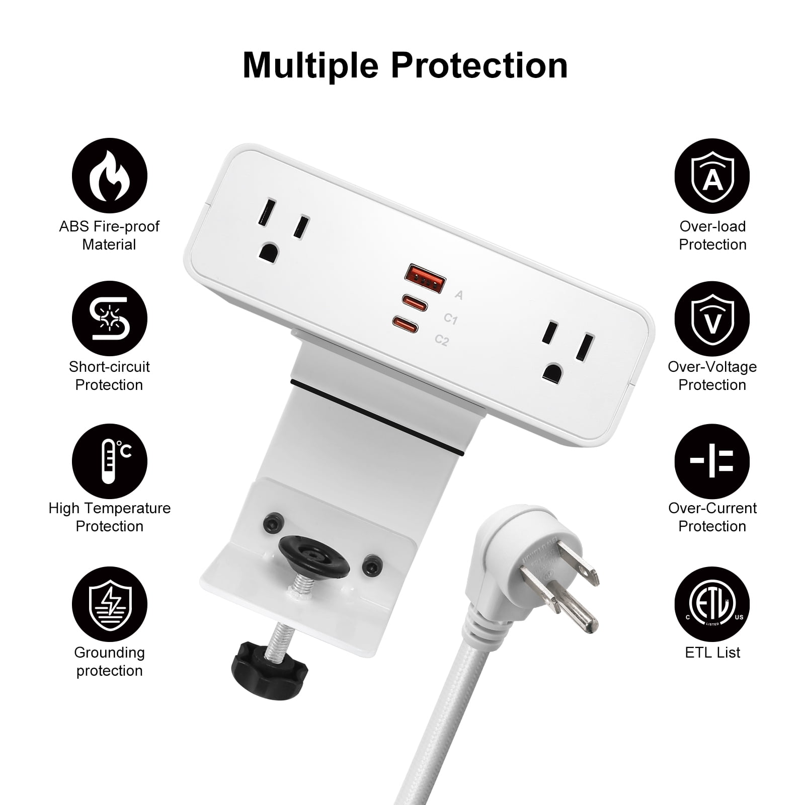 Desk Clamp Power Strip USB C 65W, Desktop Edge Mount Fast Charge Station 3 PD USB Port 2 AC Outlets 6ft Braided Extension Cord Flat Plug Fit Max 3.26’’ Tabletop Edge for Gaming Office Table