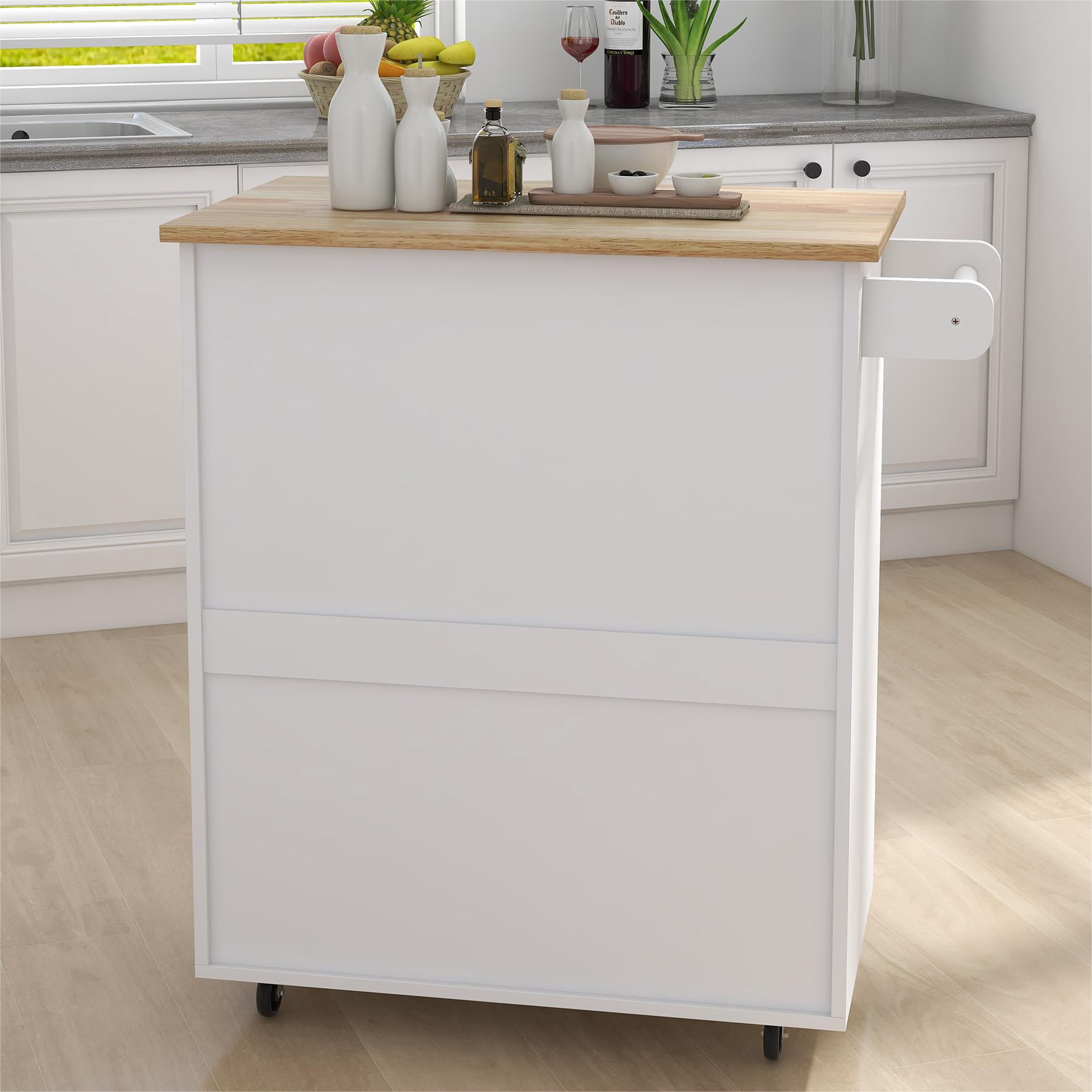 Kitchen Island with Storage, Kitchen Cart with Drawer and Countertop, 2 Doors Storage Cabinet for Dining Room Living Room, White