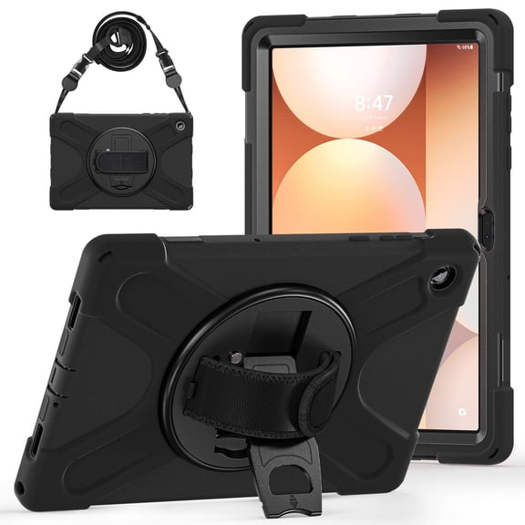 For Samsung Galaxy Tab A11 2025/Tab A9 2023 Case 11 inch (SM-X310/X315/ SM-X210/X216), 360 Hand Strap, Shoulder Strap, Kickstand, Rugged Drop Protection, Black