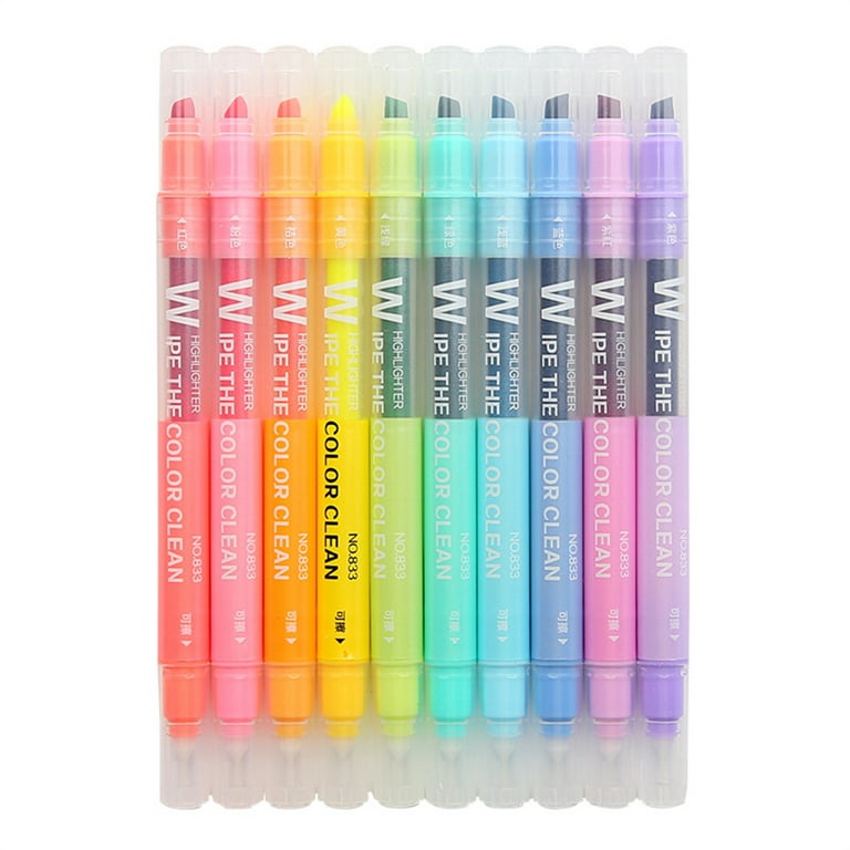 10Pcs/Set Double Head Erasable Highlighter Pen Markers Chisel Tip Marker Fluorescent School Writing Highlighters Color Cute, 10 Colors