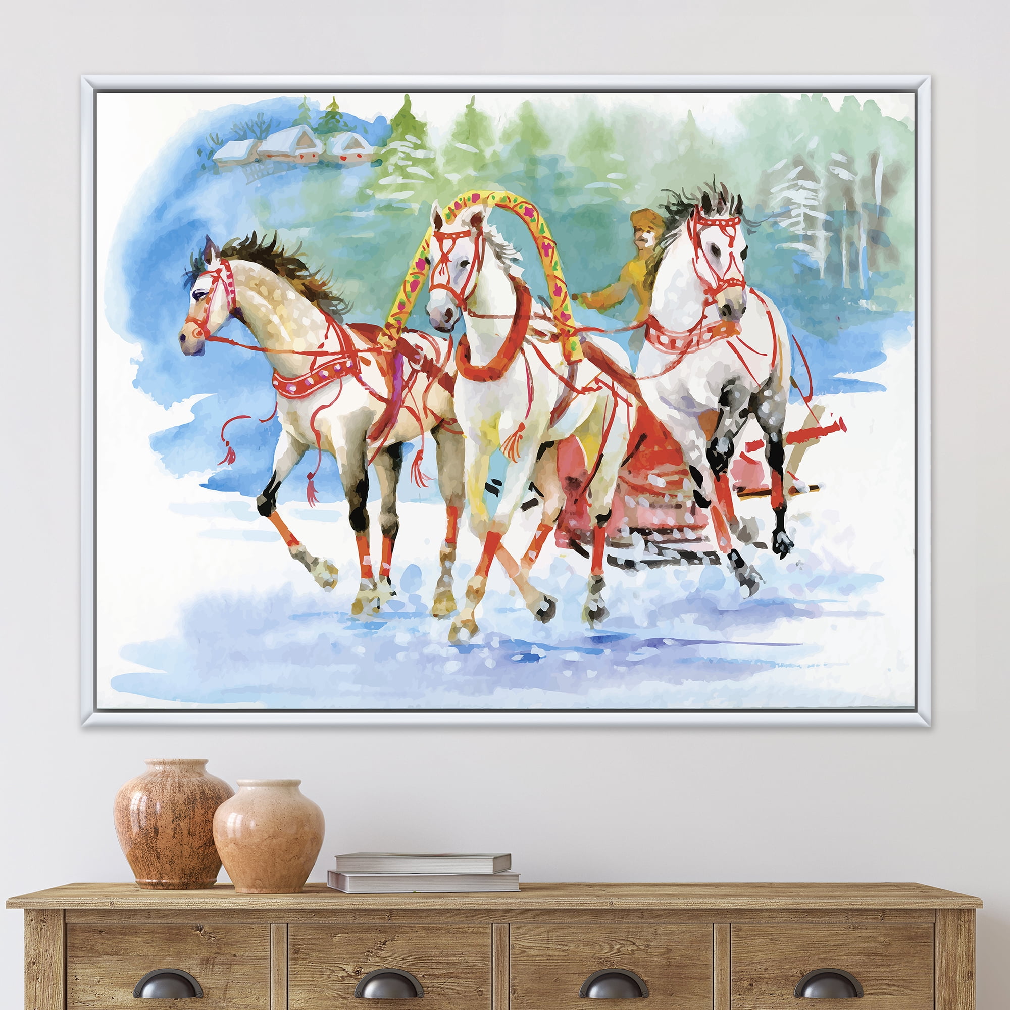 Designart 'Carriage In The Snow With Galoping Horses' Farmhouse Framed Canvas Wall Art Print