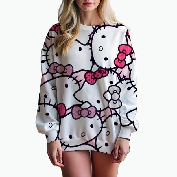 Sudadera con capucha informal holgada con estampado de Hello Kitty y grafiti de manga larga para mujer, primavera otoño 2024, sudaderas de cuello redondo de longitud media para mujer