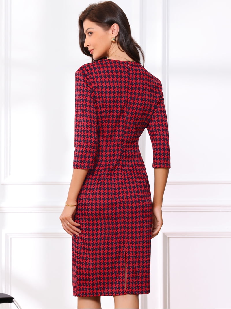 houndstooth bodycon dress Daring Diva Vintage Houndstooth 3/4 Sleeve Bodycon Dress XS Red, Women's