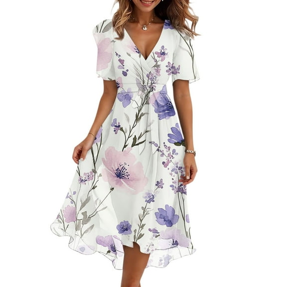 Women's Summer Fashion Casual V Neck Short Sleeve Ruffled Vintage Floral Printed Dresses Knee-Lenghr Chiffon Dress A Line Short Dress