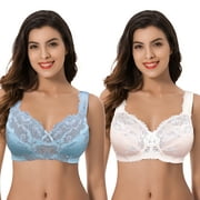 Curve Muse Women's Plus Size Minimizer Unlined Wireless Lace Full Coverage Bras-2Pack-STARLIGHT BLUE,PINK DOGWOOD-46DD