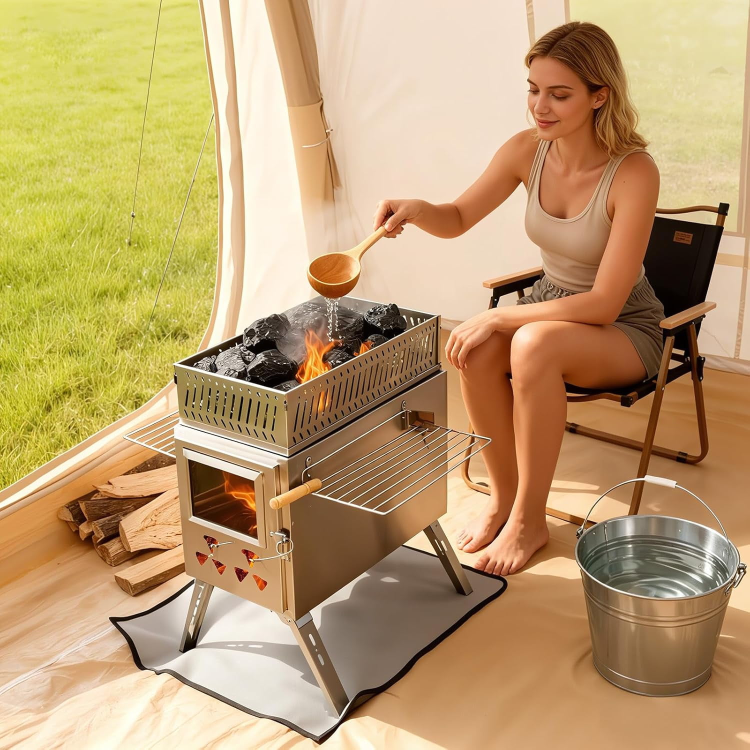 Mophoto Upgraded Wood Burning Sauna Hot Tent Stove,2 in 1 Tent Wood Burning Stove with Chimney Pipe for Outdoor Camping Heating, Camping,Hunting,Heating,Cooking,Ice Fishing,Boiling Water