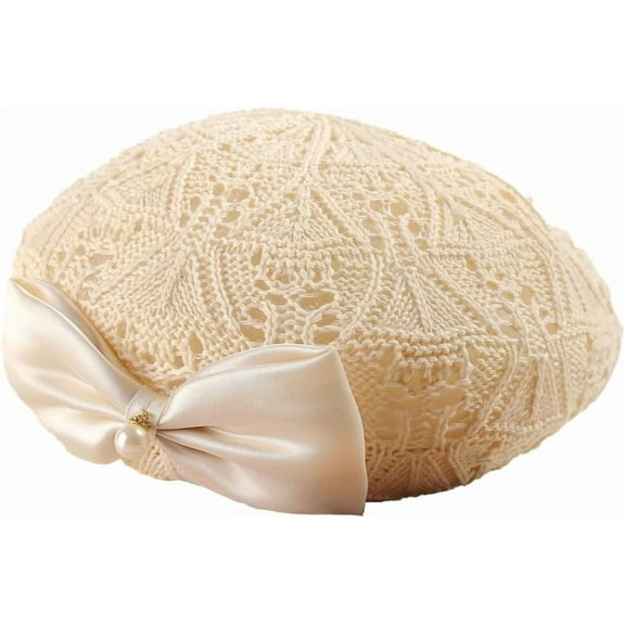 Women Beret Hat Trendy Bow Pearl Woven Beret Summer Hollow Out Hat Slouchy Crochet French Artist Cap Floral Beanie Hat