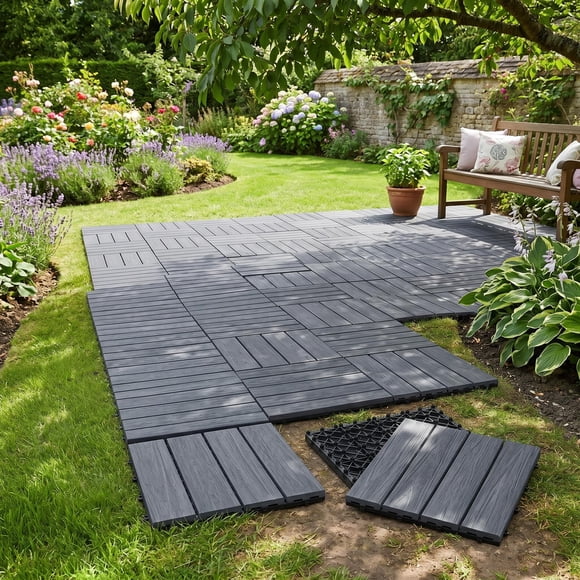 Gaderth Interlocking Composite Deck Tiles, 30x30cm/12"x12" Grey Wood Grain Outdoor Flooring, Waterproof All Weather Snap Together Patio Balcony Porch Poolside Garden Floor Tiles for Wall Decor