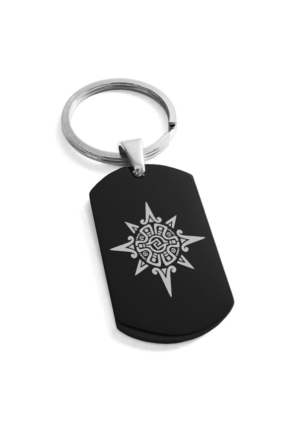 Stainless Steel Mayan Sun God Rune Engraved Dog Tag Keychain Keyring