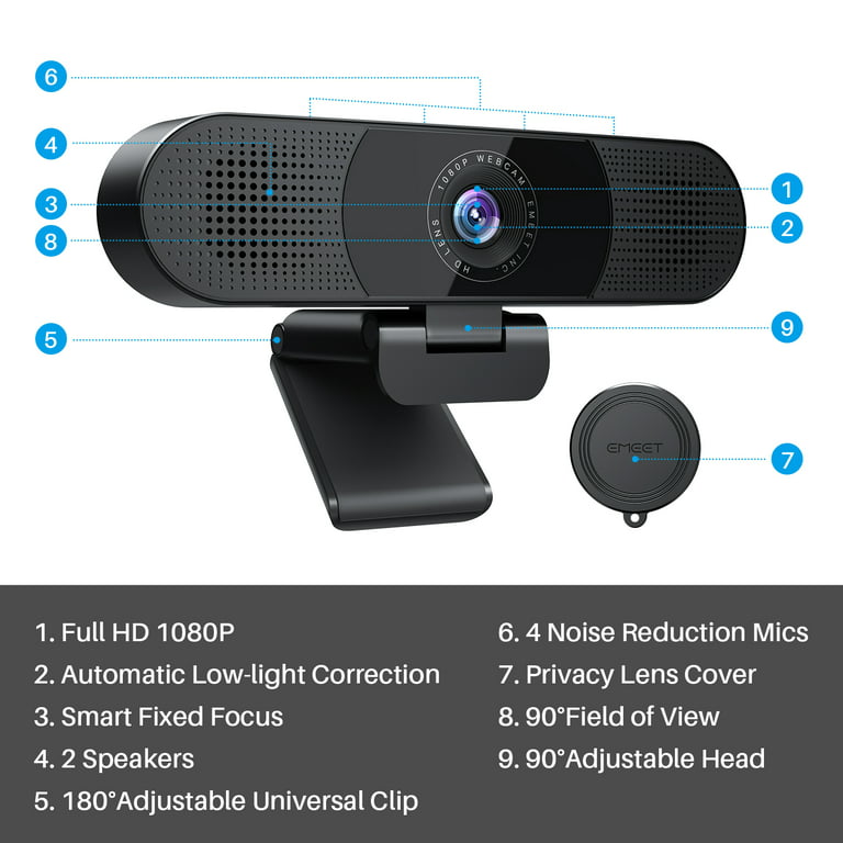 3 in 1 Conference Webcam 1080P Webcam with Microphone EMEET C980 Pro USB  Camera，Black， streaming 