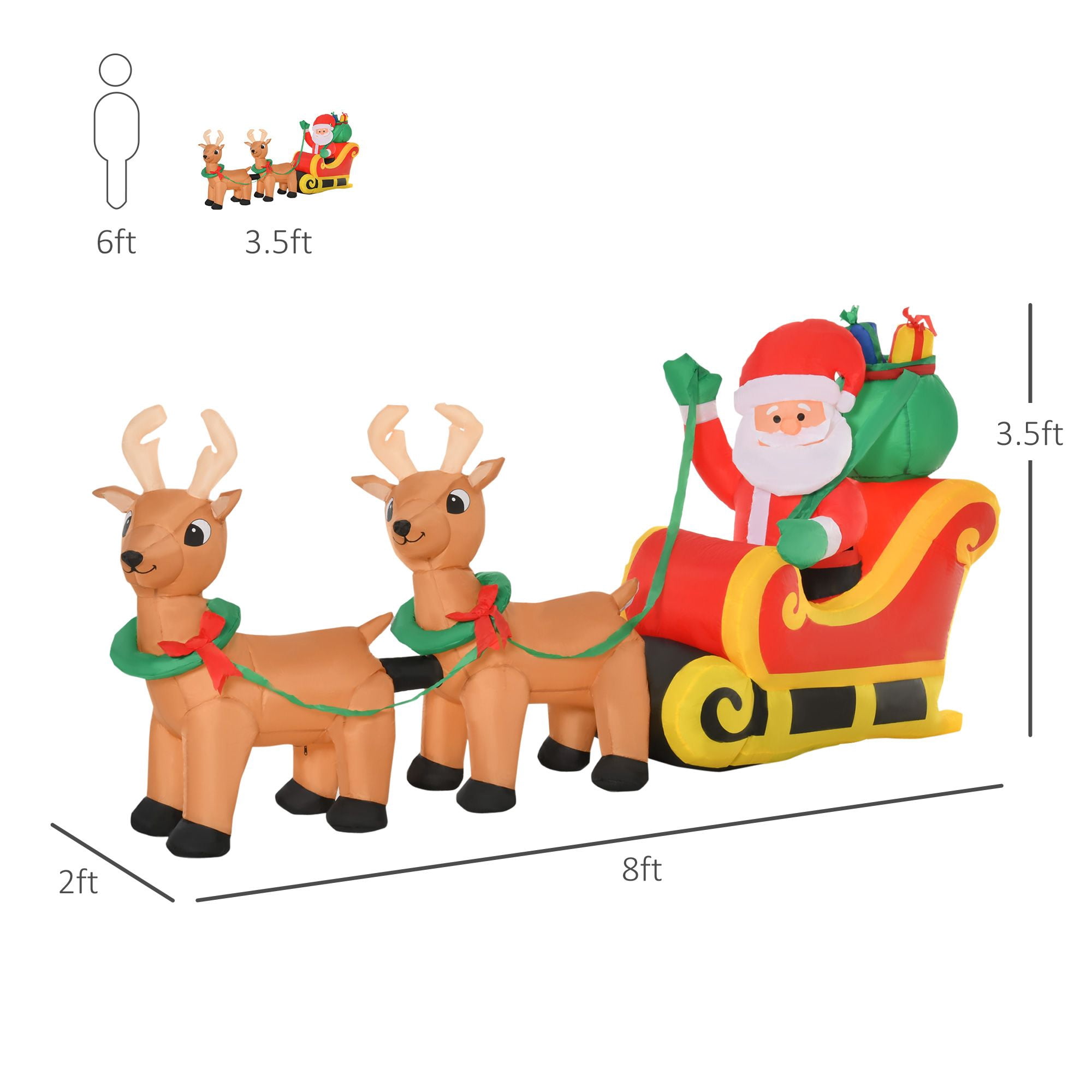 Christmas Inflatable Santa Claus with Sleigh and Reindeer, 8 ft Outdoor Blow-Up Yard Decoration with Built-In LED Lights, Polyester