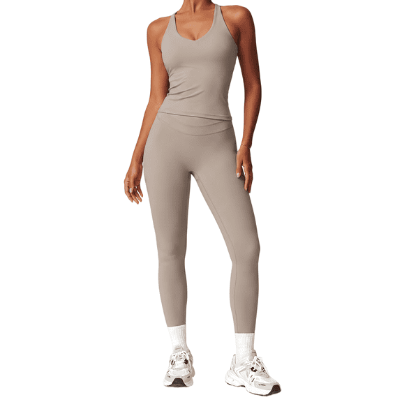 Feekit Women's 2-Piece Yoga Set, Built-In Bra Tank and High-Waist Leggings