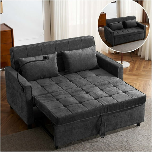 JERFIT Modern Convertible Sleeper Sofa Bed with USB Charging, Reversible Backrest, Side Pockets & Phone Holder, Chenille Fabric for Small Space, Black