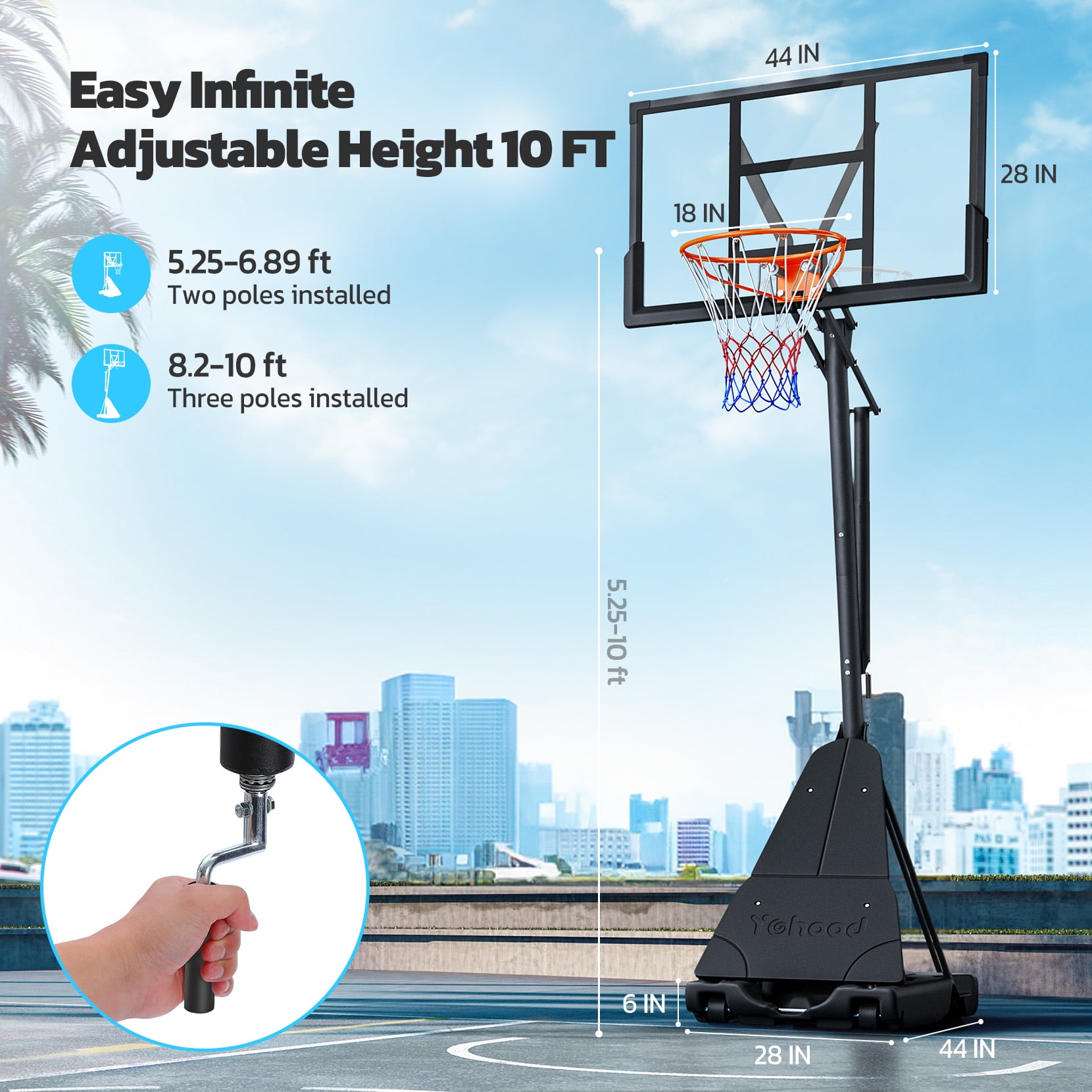 Tonbux Basketball Hoop Outdoor Portable, 10ft Quickly Adjustable Basketball Goal System with 44 Inch PC Backboard & Wheels for Court/Backyard/Driveway