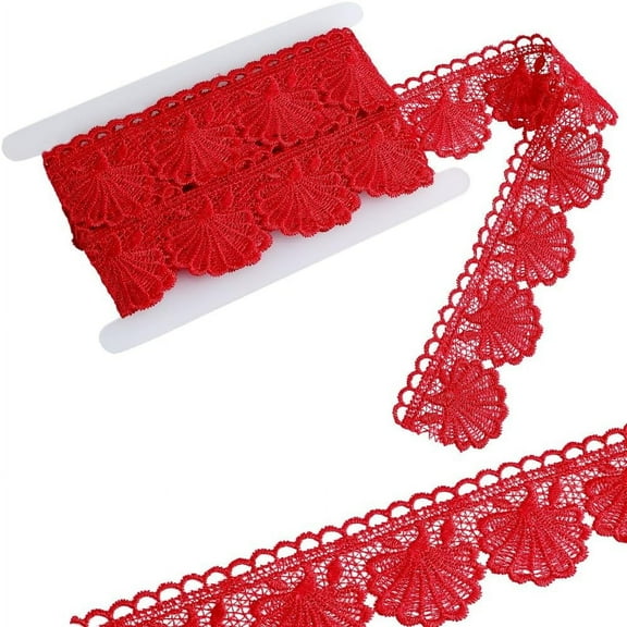 5 Yard Red Scalloped Embroidery Lace Ribbon Venice Lace Trim Sewing Embroidery Crochet Flower Scallop Edge Lace Ribbon Roll for Crafts Bridal Wedding Decoration Bouquet Gift Packaging Red