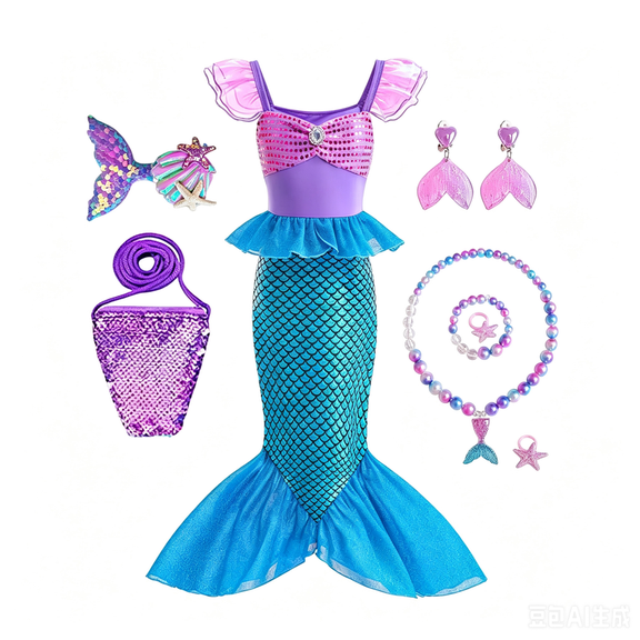 Kids Princess Dress, Girls Sequined Tail Costume for Halloween Cosplay & Birthday Party, Purple & Blue