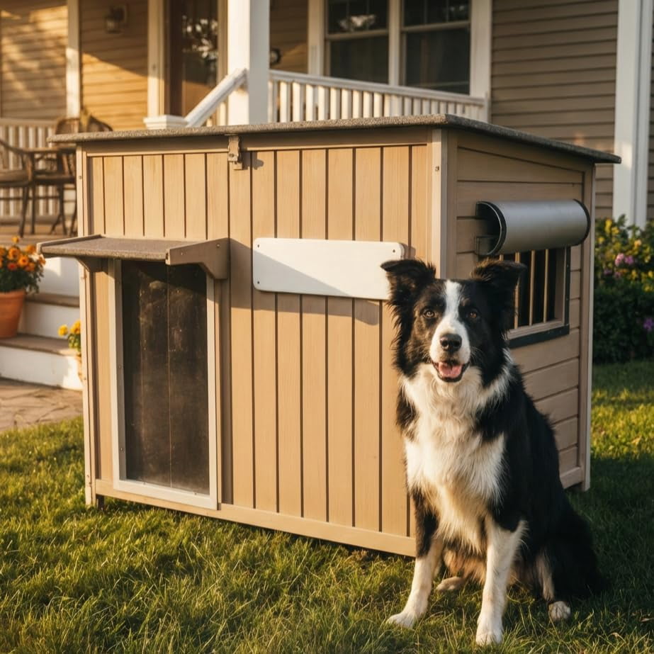 PETSCOSSET Outdoor Dog House Wooden Pet House - Openable Roof, Removable Floor - Gray