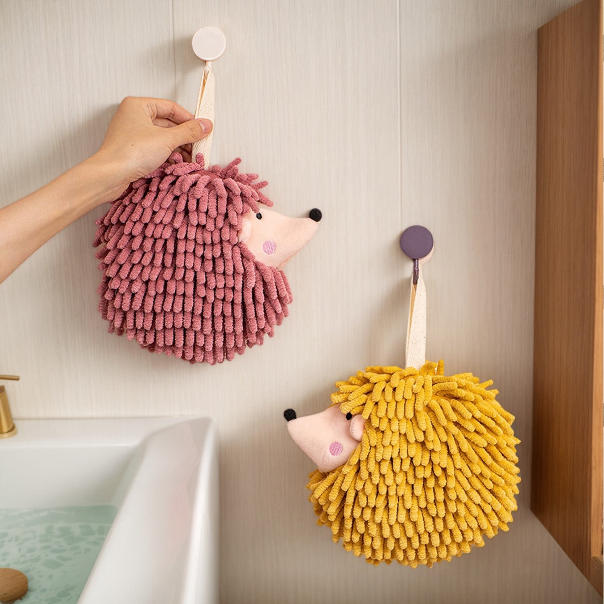NOMADIC NOOK Fuzzy Ball Hand Towels 2 Pack Soft Absorbent Chenille Towels Cute Cartoon Decorative Hand Drying Hanging Hand Towel for Bathroom Pink 7" x 7"