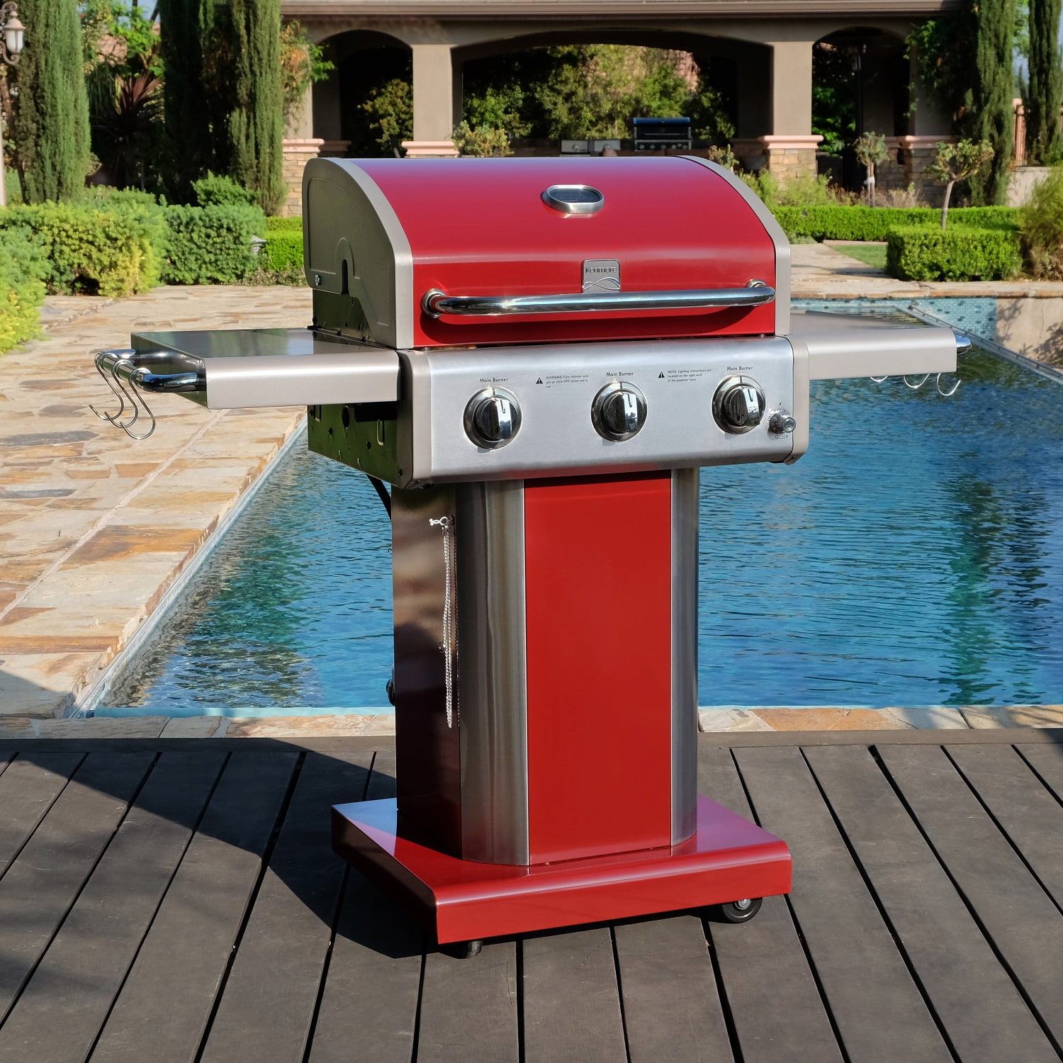 Kenmore 3-Burner Gas Grill, Outdoor BBQ Grill, Propane Grill with Foldable Side Tables, Red