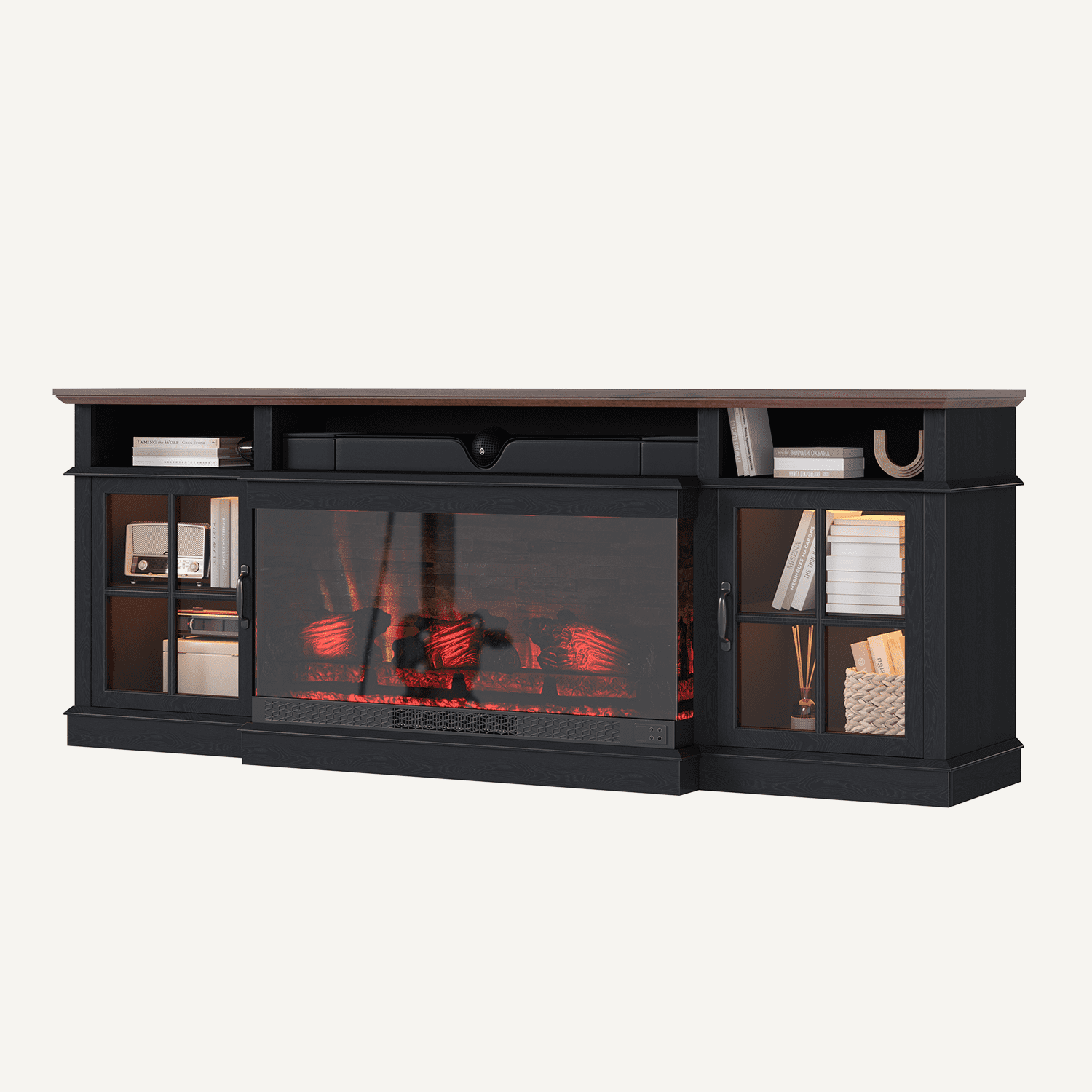 BaPiPro 70" Farmhouse Fireplace TV Stand for TVs Up to 80", Entertainment Center with 3-Sided 36" Electric Fireplace & LED Lights, 2 Drawers & 2 Storage Cabinet, Black