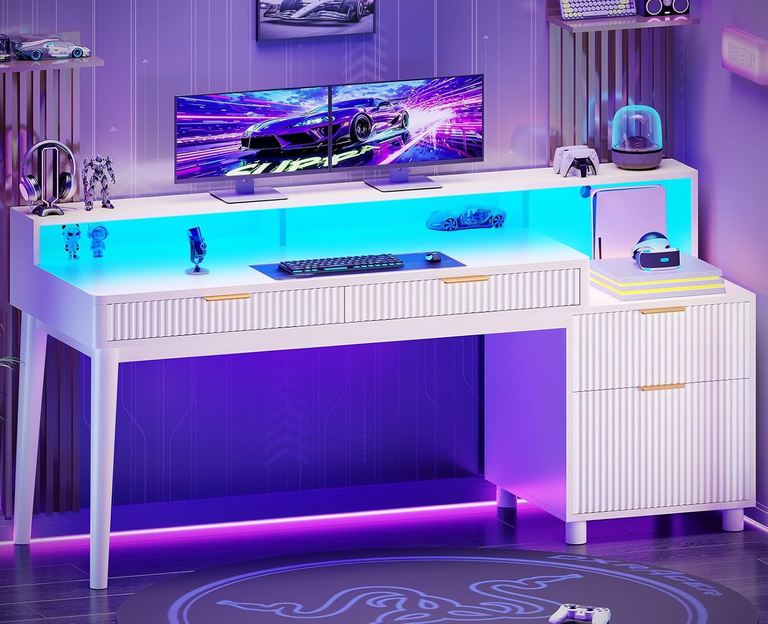 SEDETA Office Desk with 4 Storage Drawers, 59" Fluted Wood Gaming Computer Desk with LED Lights and Power Strip, Modern Writing Desk Study Table for Home Office, Living Room, Bedroom, White