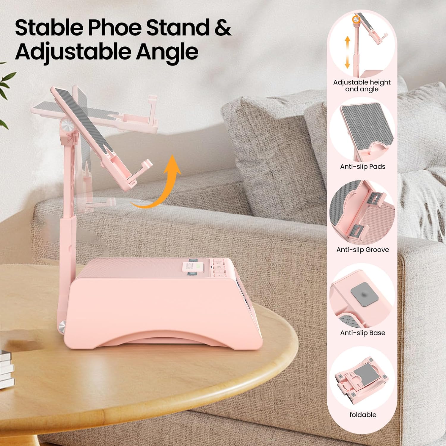 RGHJAR-Gifts for Men Women,Cell Phone Stand with Wireless Bluetooth Speaker,Adjustable Cool Tech Kitchen Gadgets,Unique Birthday Gift Idea for Him, Husband, Boyfriend（Pink）