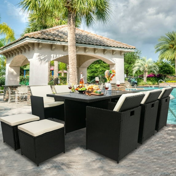 iRerts 11 Pieces Patio Dining Sets, Outdoor Patio Conversation Furniture Set with Tempered Glass Table and Cushions, Rattan Wicker Outdoor Dining Table and Chairs Set for Backyard Garden Deck, Black