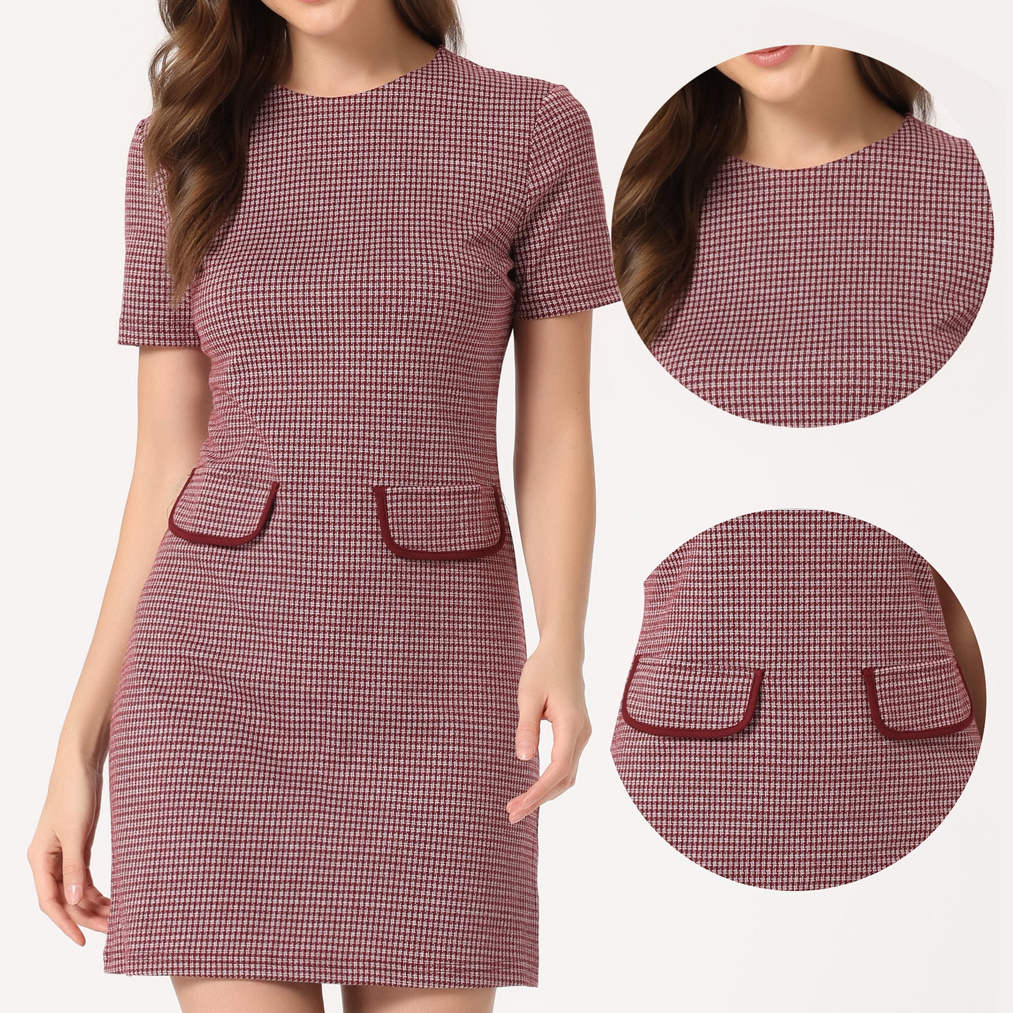 DARING DIVA Women's Dress Short Sleeve Vintage Houndstooth Dresses L Red