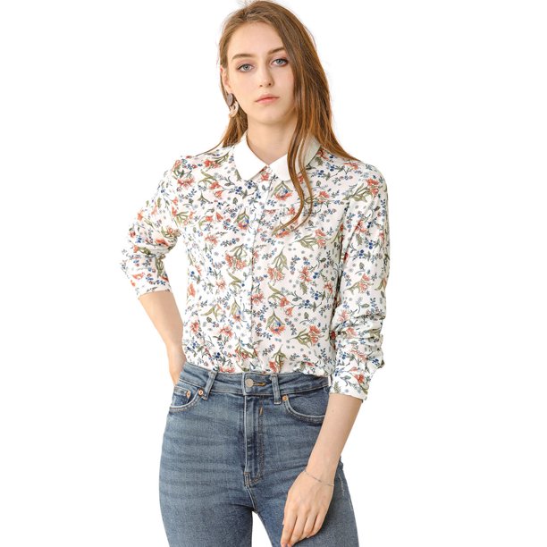 INSPIRE CHIC Blusa superior con cuello floral para mujer Camisas abotonadas de manga larga con pliegues elegantes blanco L