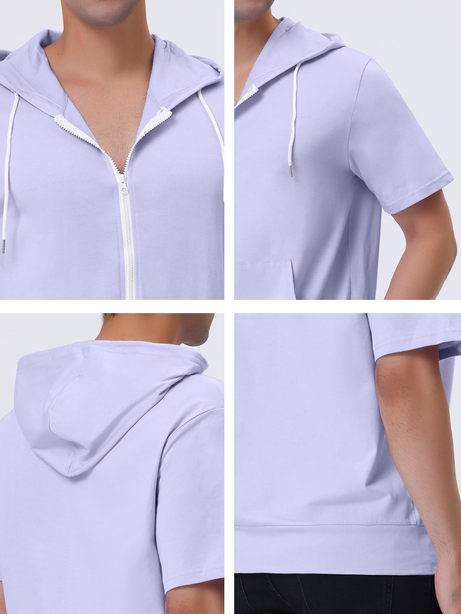 Unique Bargains Men's Short Sleeve Solid Color Zip Up Sport Hoodies L Light Purple