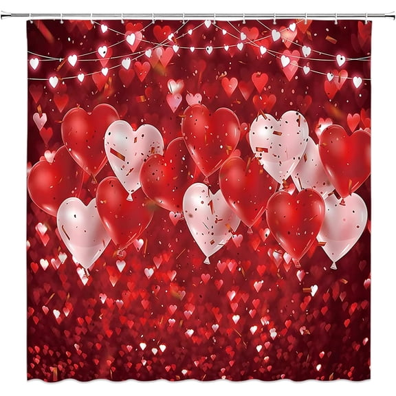 Valentine''s Day Shower Curtain Red Heart Sweet Love Romance Falling Balloons Valentines Wedding Home Decor Fabric Bathroom Curtain Set with Hooks(70" WX70 H)