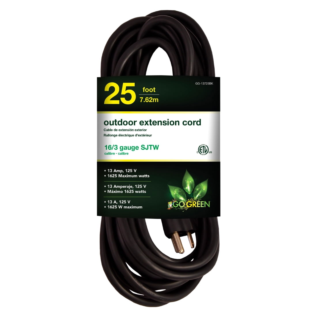 GoGreen Power GG-13725BK 16/3 25' Heavy Duty Extension Cord, Outdoor Extension Cord, Black, 25 Ft