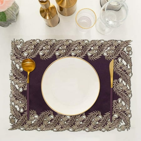 

Placemats - Set of 8 Handmade with European Embroidery for Wedding Receptions Banquet Party Kitchen Dining Room End Table Vintage Farmhouse Antique Home Decor - 14 x 20 Inches Plum Gold