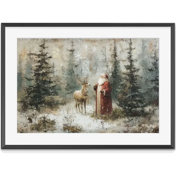 Santa Claus Reindeer Wall Art Print, Forest Snowfall In Winter, Vintage, Matte Canvas Stretched, Posters for Room Bedroom Living Room Bathroom Wall Decor, Posters & Art Prints, Gift.