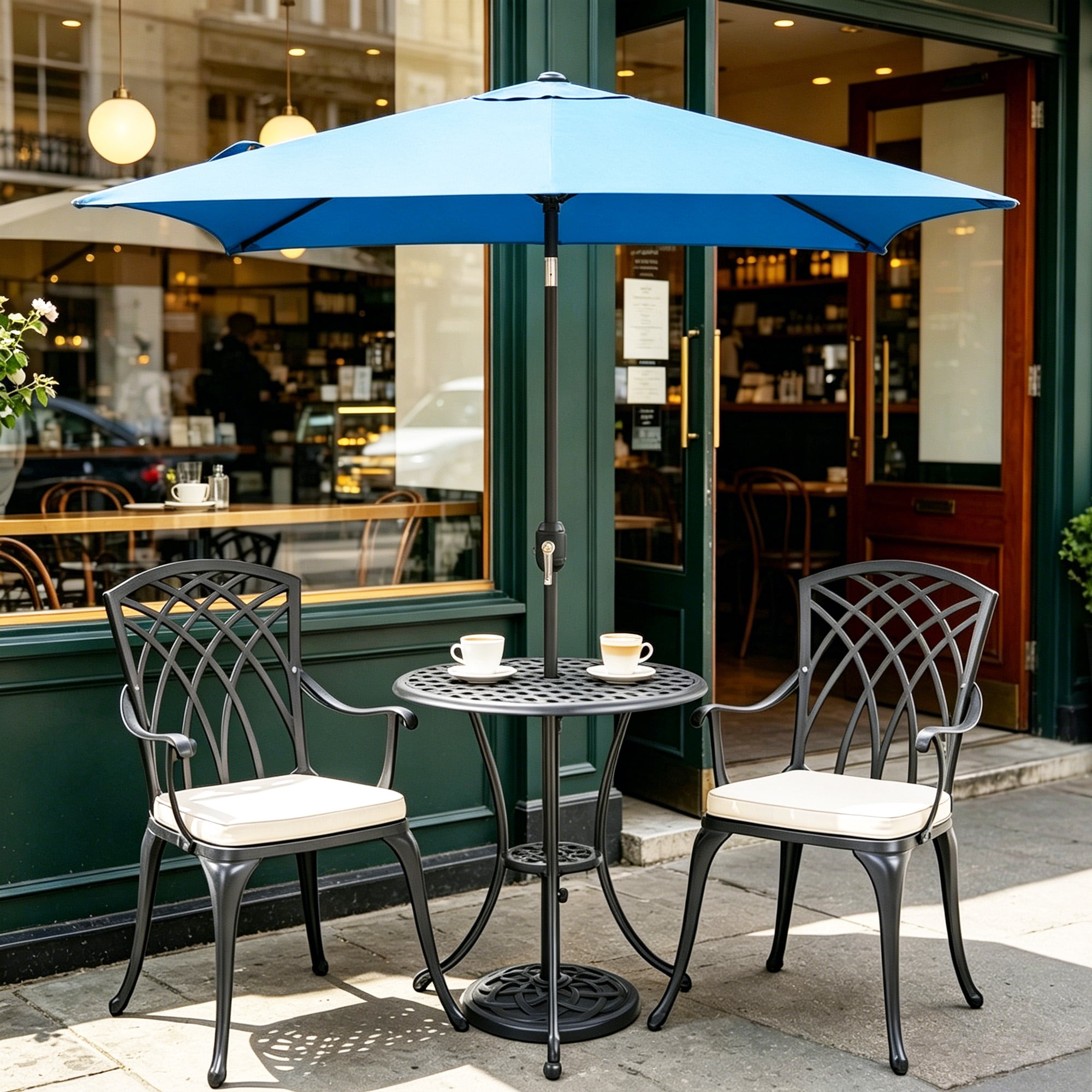 Kool 6.5 ft Square Outdoor Patio Market Umbrella with Push Button Tilt and Crank Handle, Aqua