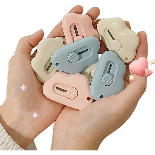 6PCS Box Cutter Retractable - 3 Colors Mini Cloud Box Cutter Safety Letter Opener Portable Utility Knife Carton Package Opener Slide Open Envelope Cutter with Keychain Hole for Daily Use