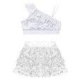 thumbnail image 4 of TiaoBug Kids Girls Gymnastic Dance Outfits Sequins Asymmetrical Shoulder Ruffle Crop Top with Skirted Shorts Set Silver 10, 4 of 5