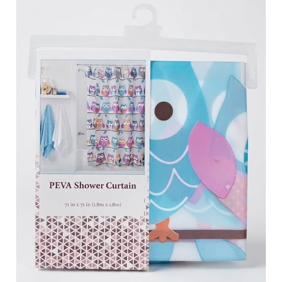 PEVA BATH SHOWER CURTAIN - OWL PINK AQUA - BATH PEVA VINYL 71 x 71