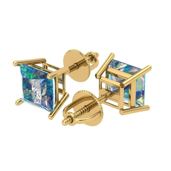 4 Ct Princess Cut Studs Blue Moissanite 14K Yellow Solid Solid Gold Everyday Dainty Earrings Screw Back
