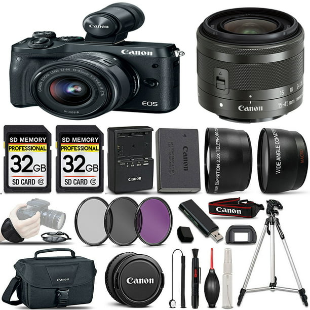 hoek zien slijm Canon EOS M6 II DSLR Camera + Canon 15-45mm IS STM Lens + EVF-DC2  ViewFinder+ 0.43X Wide Angle Lens + 2.2x Telephoto Lens + 64GB Storage +  UV-CPL-FLD Filters + Canon Bag +