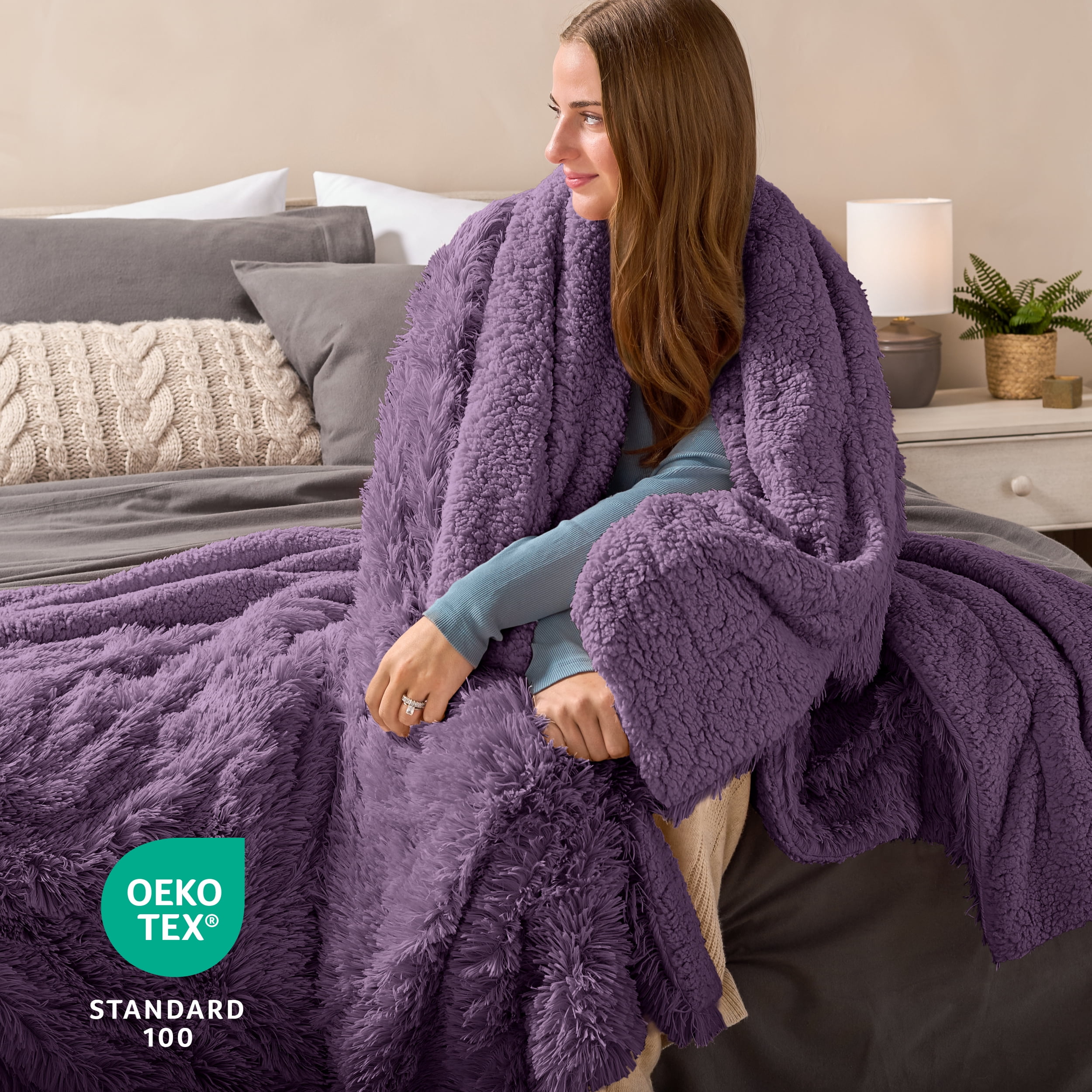 Bare Home Shaggy Blanket - 90" x 108" - Ultra Soft Fleece - King, Eggplant