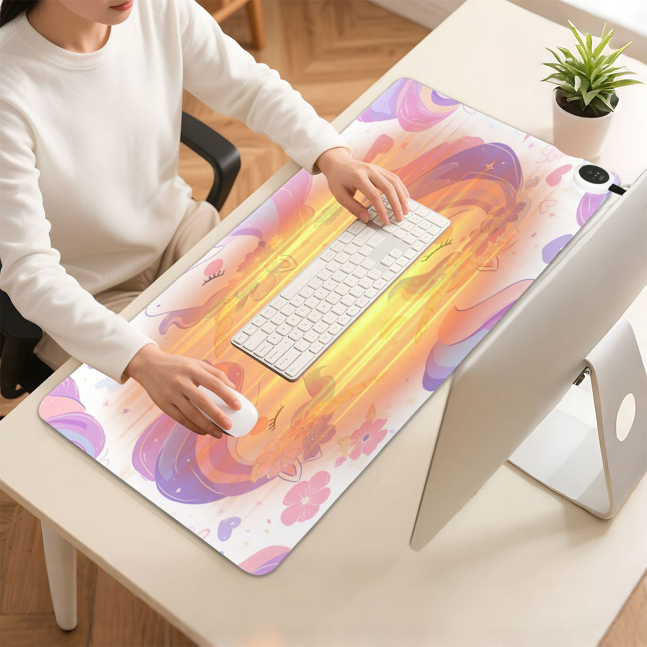 Large Heated Desk Mat Mouse Pad 31.5"x13"PU Leather Graphene Heating Desk Warmer with 3 Temperature Settings 110V US Plug Non-Slip Warm Pad for Home, Office, and Gaming Magical Unicorn Garden Pattern