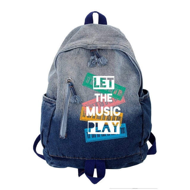 Mochila de mezclilla lavada degradada Unisex, patrón de diosa de la libertad de tendencia, bolsa de mezclilla para estudiantes, mochila versátil informal Fivean unisex