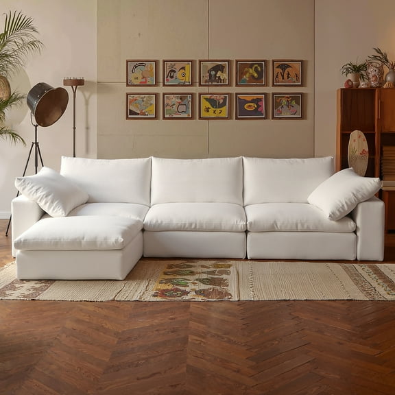 Vorthio Cloud Couch 31.5" Deep Seat, 110.2" Oversized Modular Sectional Sofa, L-Shape Comfy Sofas for Living Room, 3-Seater Couches with Storage Ottoman, White