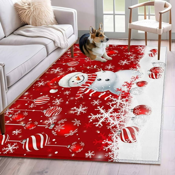 Red Snowman Christmas Area Rug 3x5 Washable Rug Non Slip Xmas Balls Snowflake Large Area Rug Indoor Floor Carpet for Entryway Bedroom Kitchen Living Room Home Office Dining Room Nursery