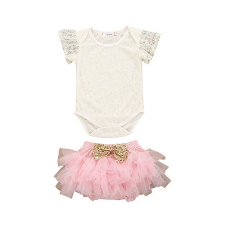 

Seyurigaoka Baby Girl’s Solid Color Lace Short Sleeve Romper and Bow Shorts